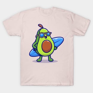 Cute Avocado Surfing In The Sea Cartoon T-Shirt